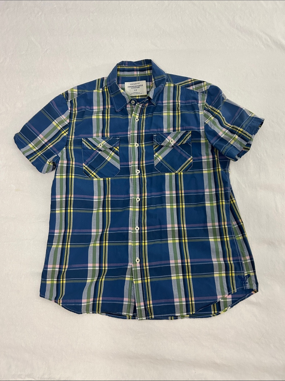 AEO 100% Cotton Vintage Fit Blue and Green Plaid Short-Sleeve Button-Down Shirt